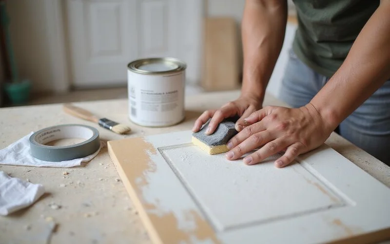 A cabinet door laid flat on a drop cloth mid-spray with a fine, even coat of paint being applied by an airless sprayer