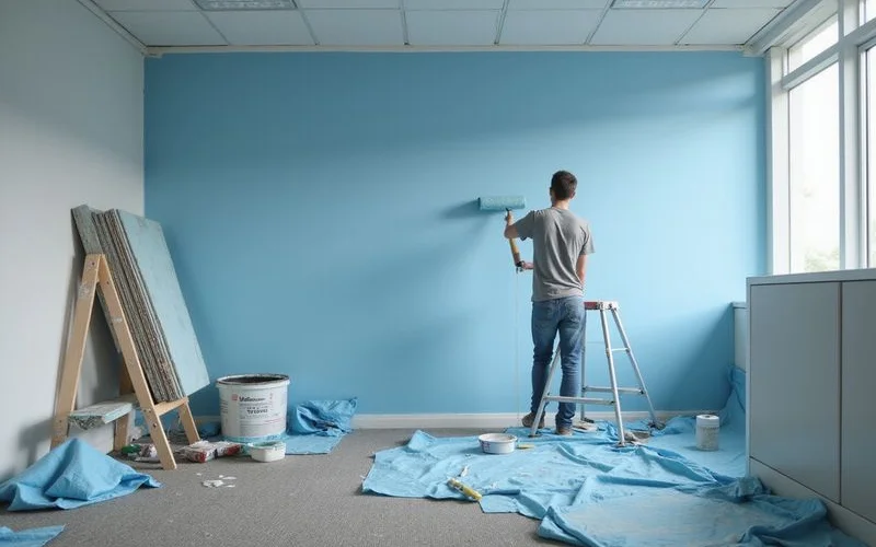 A commercial painting crew working on an office interior during off-hours with drop cloths protecting the flooring