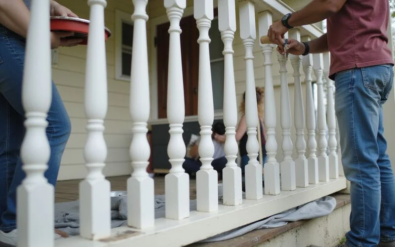 A community volunteer helping an elderly homeowner touch up peeling paint on a porch railing