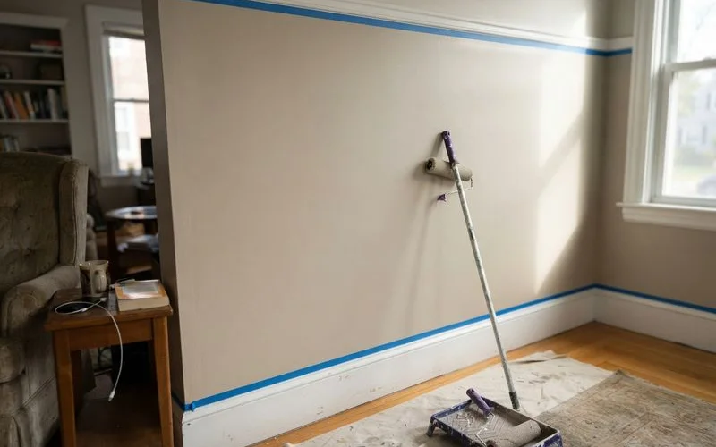 Wide interior shot of a freshly painted living room with drop cloths, ladders, and paint trays neatly arranged after a professional painting job