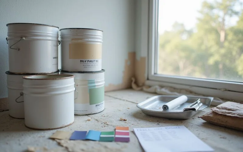 A painter carefully cutting in trim with a brush in a freshly prepped bedroom before rolling the main wall color