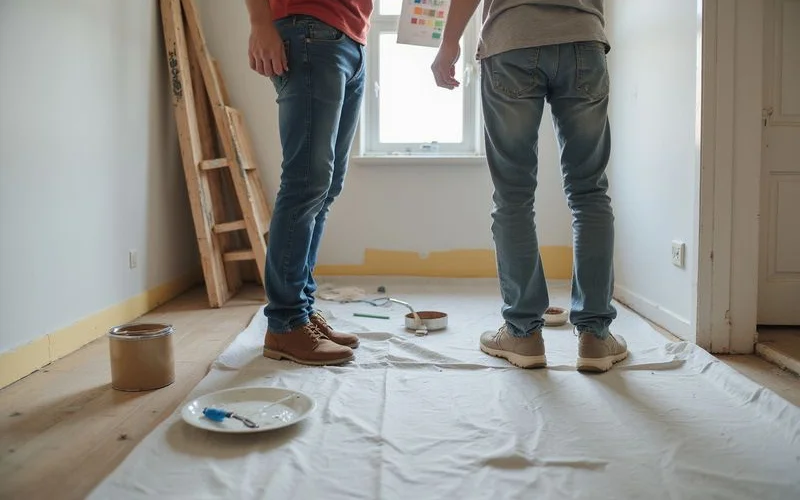 A move-out inspection checklist next to a paint swatch and a tenant's rental agreement on a table