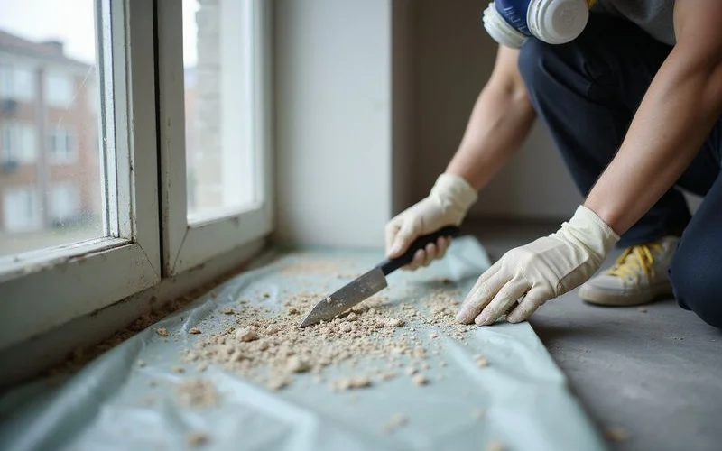 A contractor sealing off a work area with plastic sheeting on the exterior of an older home before beginning prep work