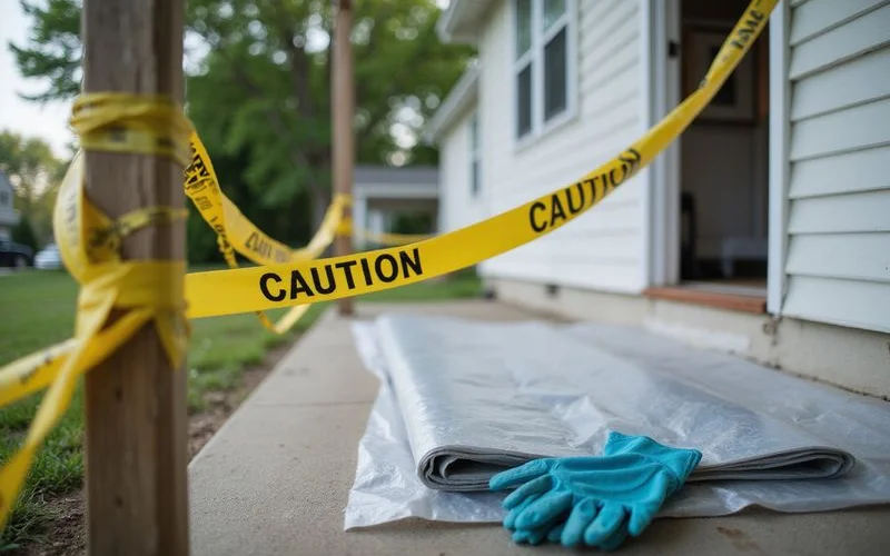 A sealed-off work area with plastic sheeting and a caution sign, keeping a room separated from the rest of a home with children