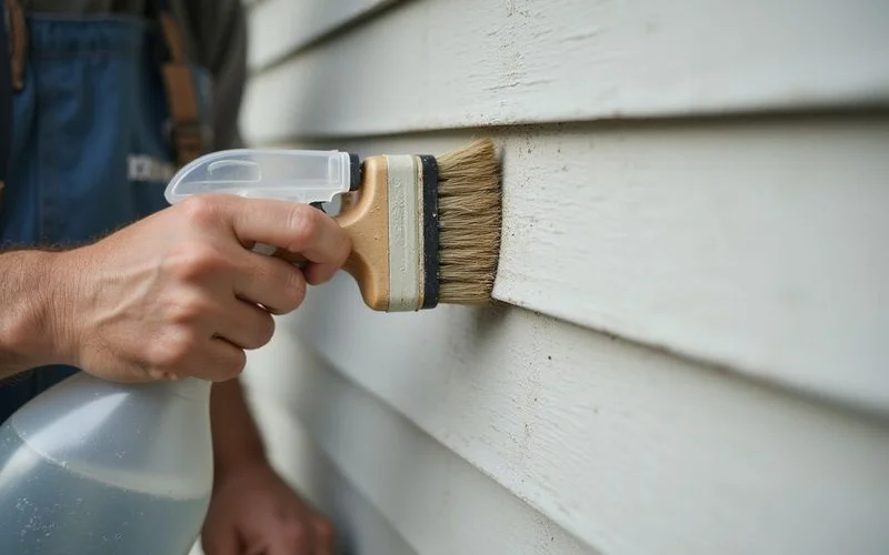 A pressure washing crew treating mildew-stained siding with a cleaning solution before an exterior repaint