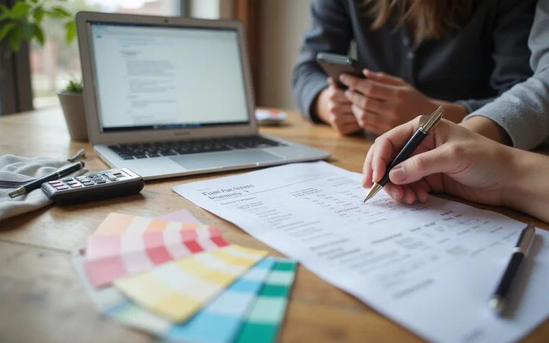 A homeowner reviewing a financing offer and an insurance claim form side by side on a kitchen counter