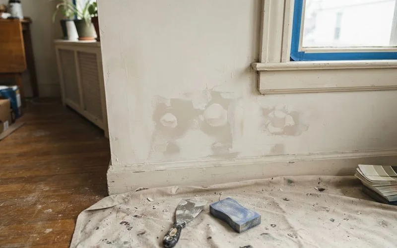 Close-up of a painter's hand applying blue painter's tape to a wall edge before rolling on a fresh coat of paint