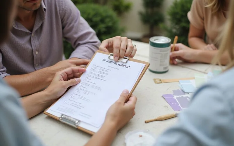 A homeowner and a painter reviewing a written estimate together at a kitchen table, pointing at line items on the page