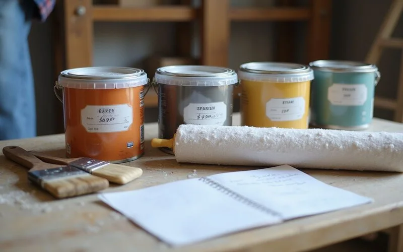 A homeowner and painter reviewing paint swatches and a written quote together, discussing options to fit a budget