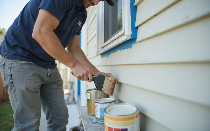 A painter applying exterior paint to siding on a clear, dry day with a ladder set against the house