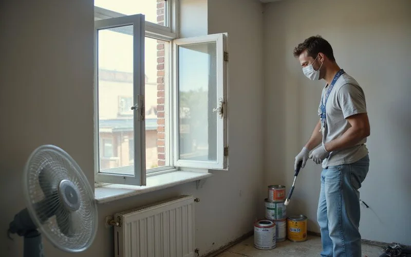 An open window with a fan positioned to ventilate a freshly painted room, curtains moving in the breeze
